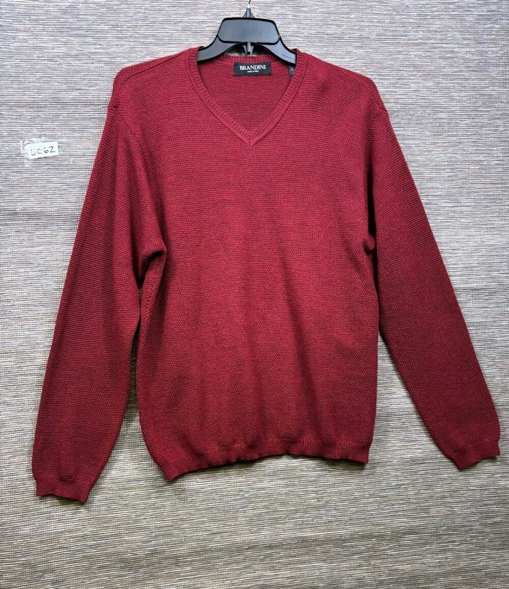 Brandini 100% Merino Wool Knit Sweater Mens Size L Burgundy V-Neck Made in Italy